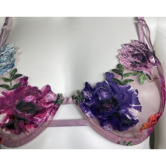 Fleur du Mal Women's 34DD Pink Monet Embroidered Sheer Balconette Bra EUC - Picture 3 of 4